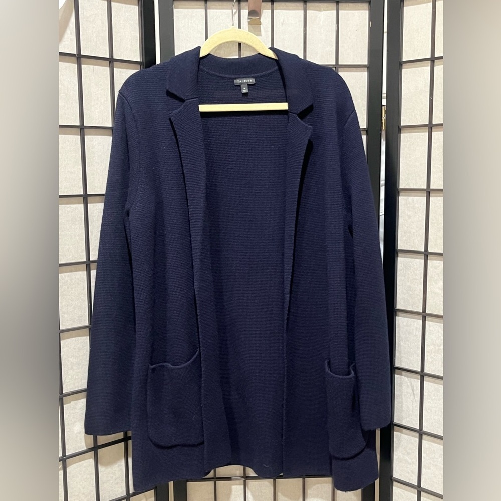 TALBOTS NAVY BLUE MILANO STITCH SWEATER JACKET, TIMELESS, PREPPY, WOMEN SIZE M